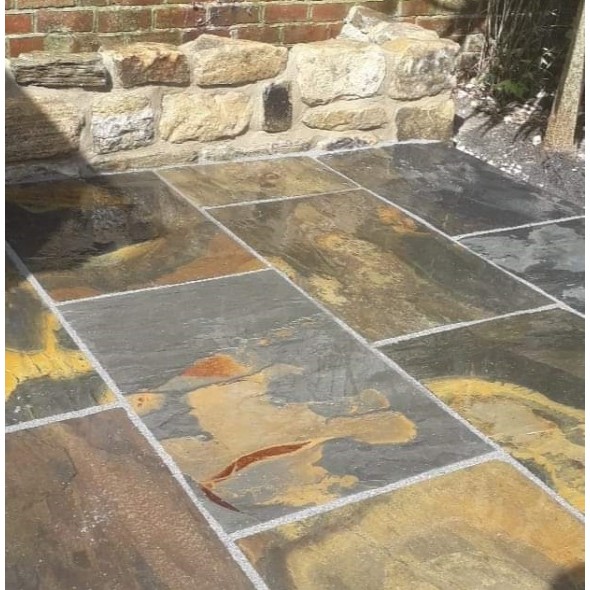 natural stone with blends of rustic brown and coppers, black and blue